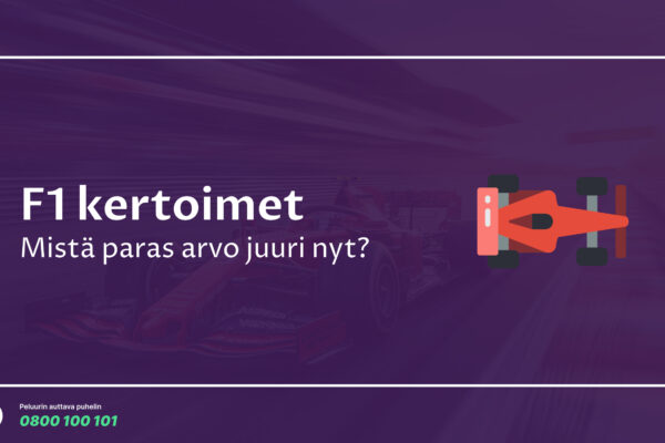 Violetti taustakuva, jossa näkyy formula-auto ja teksti 'F1 kertoimet – Mistä paras arvo juuri nyt?'. Kuvassa alareunassa myös vastuullisen pelaamisen logo ja Peluurin auttava puhelinnumero 0800 100 101.