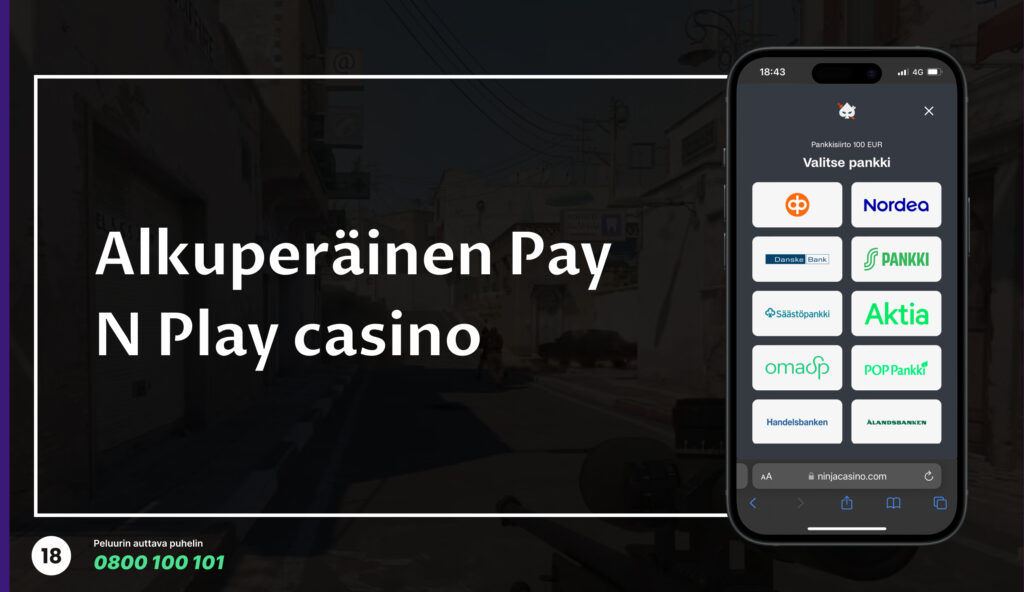 Älypuhelimen näyttö, jossa esitetään pankkisiirto Pay N Play -kasinolla. Osoitepalkissa lukee ninjacasino.com, ja yläpalkissa näkyy Ninja Casinon logo. Ruudulla näkyy pääasiassa eri pankkien logoja, kuten Nordea, OP, ja Danske Bank. Kuvan päällä teksti: 'Alkuperäinen Pay N Play casino'.