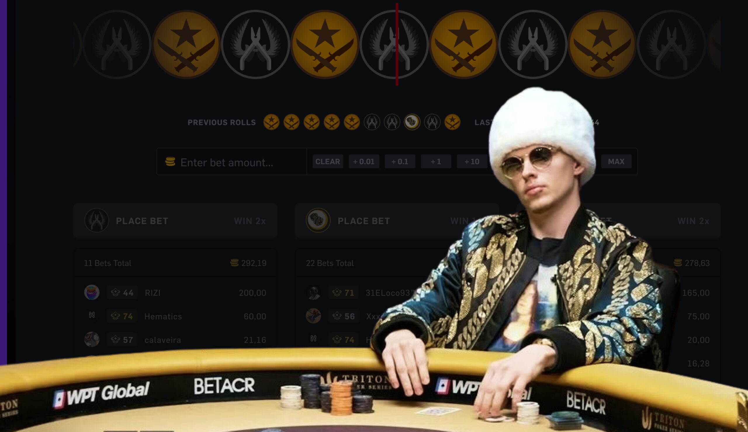 Kuvassa Ossi Ketola pokeripöydässä, taustalla CSGO empire