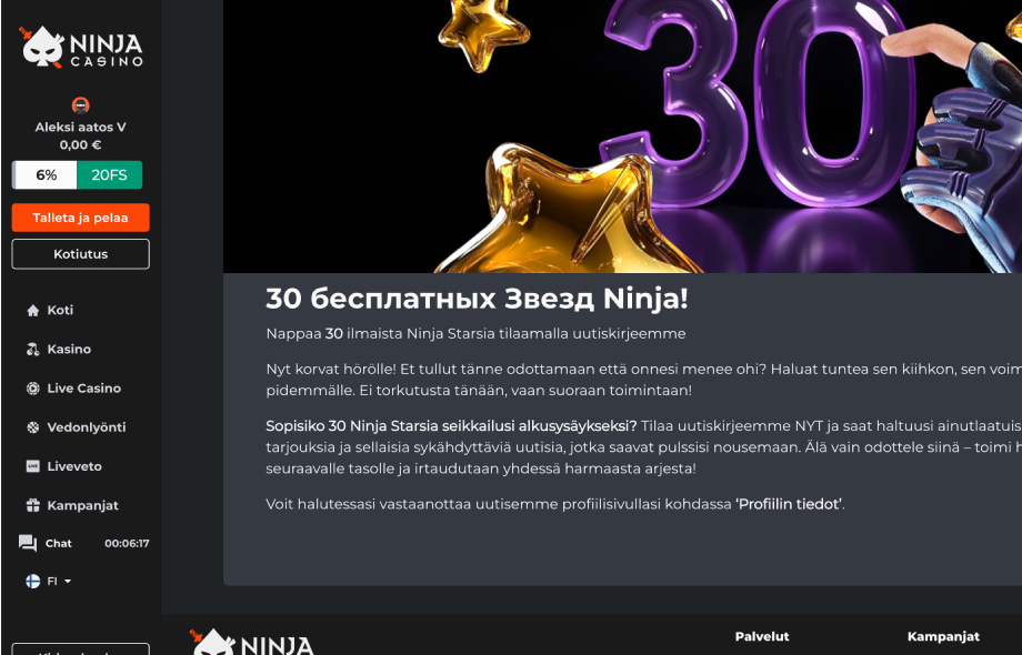 Kuvassa Ninja Casinon kampanjasivu, missä näkyy sekaisin suomen ja venäjän-kieltä.