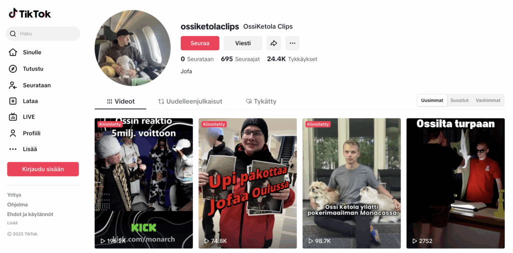 Ossi Ketola näkyy Tiktok tilillä, satojatuhansa näyttöjä ja kymmeniä tuhansia tykkäyksiä.