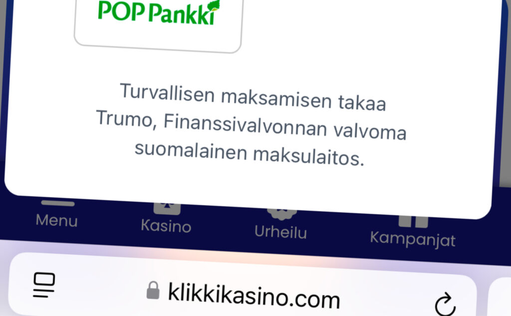 Kuvassa Trumo-kasino pankkivalinta. Huomautus että maksamista valvoo Suomen Finanssivalvonta. Osoitepalkista näkee että kyseessä on "Klikki Kasino".