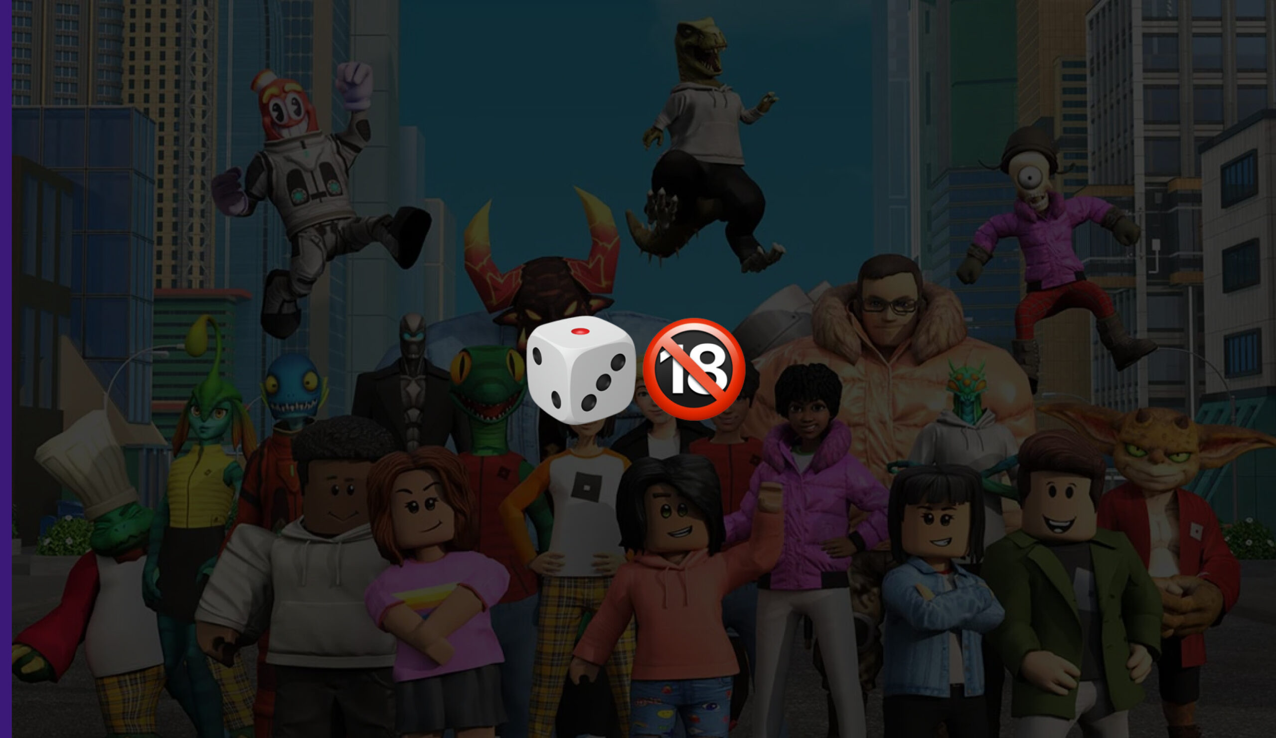 Kuvassa Roblox pelinäkymää ja alaikäisiltä rahapelaamisen kieltäviä elementtejä.