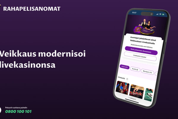 Puhelimen näytöllä Veikkauksen uudistettu livekasino, jossa mainos suomenkielisistä pelinjakajista. Kuvan taustalla Rahapelisanomat-logo, otsikko 'Veikkaus modernisoi livekasinonsa', sekä Peluurin auttava puhelinnumero 0800 100 101.