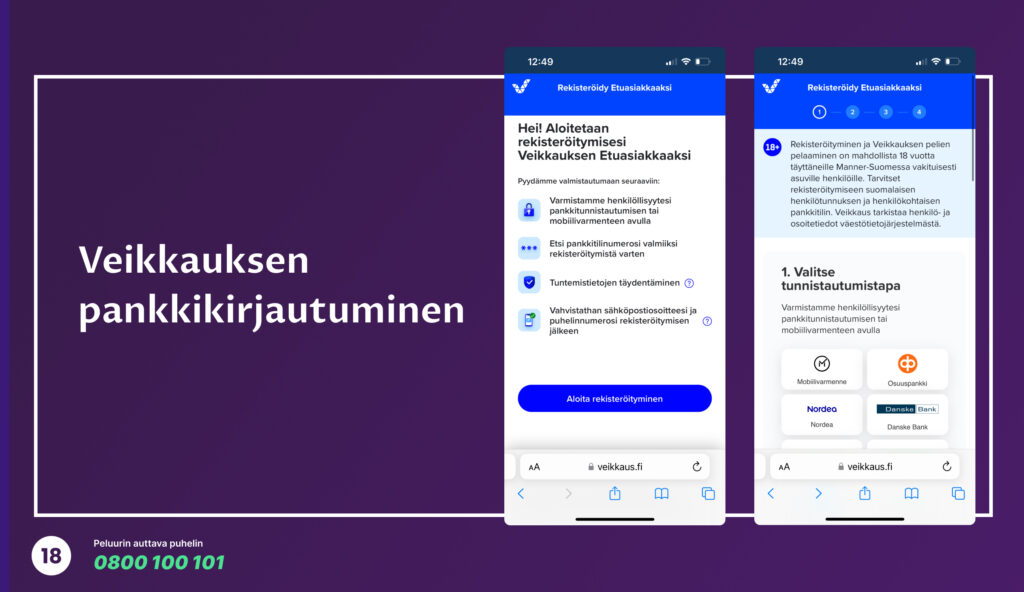 Kuva Veikkauksen pankkikirjautumisnäkymästä. Näytöllä selitetään rekisteröitymistä Veikkauksen Etuasiakkaaksi ja mahdollisuutta käyttää pankkitunnuksia tai mobiilivarmennetta tunnistautumiseen.