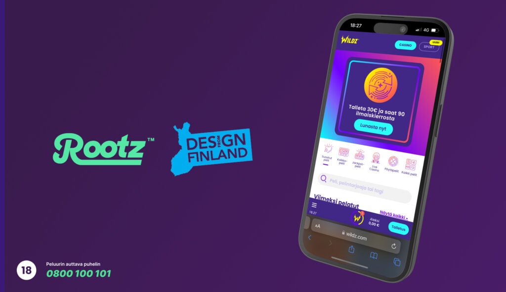 Kuvassa näkyy Wildz nettikasino ja vedonlyönti sisäänkirjautuneena iPhone 15 puhelimella. Pelaajalle näytetää tarjous; 90 ilmaiskierrosta 30€ talletuksella, tarjoukseen pätevät säännöt ja ehdot.

Lisäksi kuvassa näkyy Rootz limited logo ja merkki kotimaisen suunnitelun puolesta. 