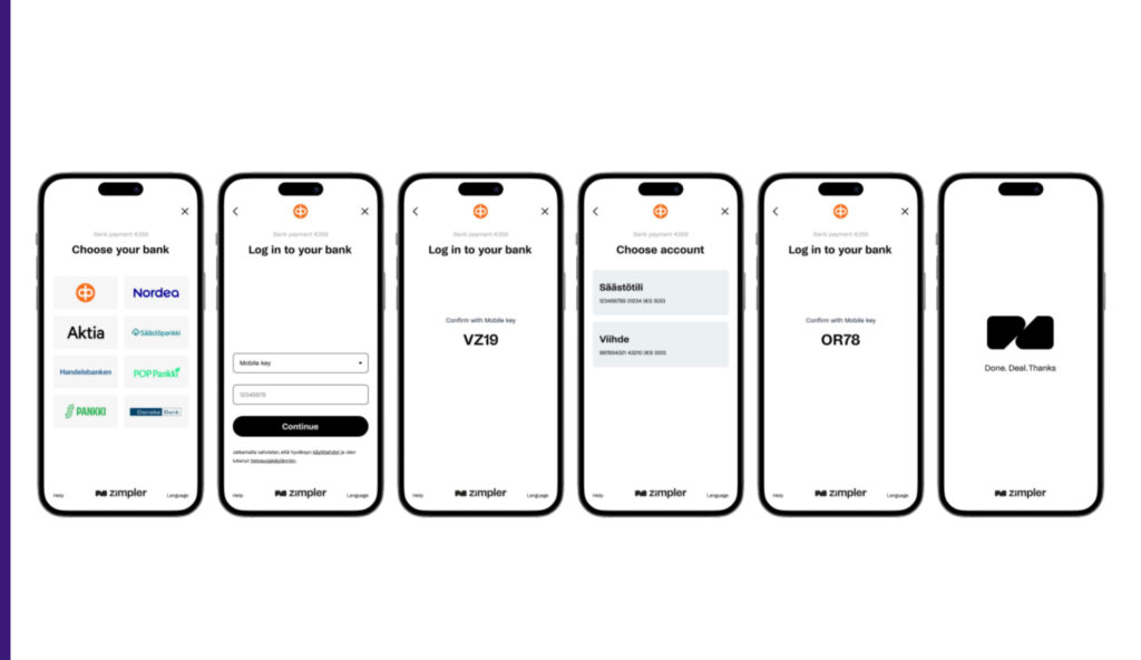Sarja kuvia, jotka havainnollistavat Zimplerin maksuprosessia mobiililaitteella. Näytöllä näkyy pankkivalinta, kirjautuminen verkkopankkiin, tilin valinta ja maksun vahvistaminen.

