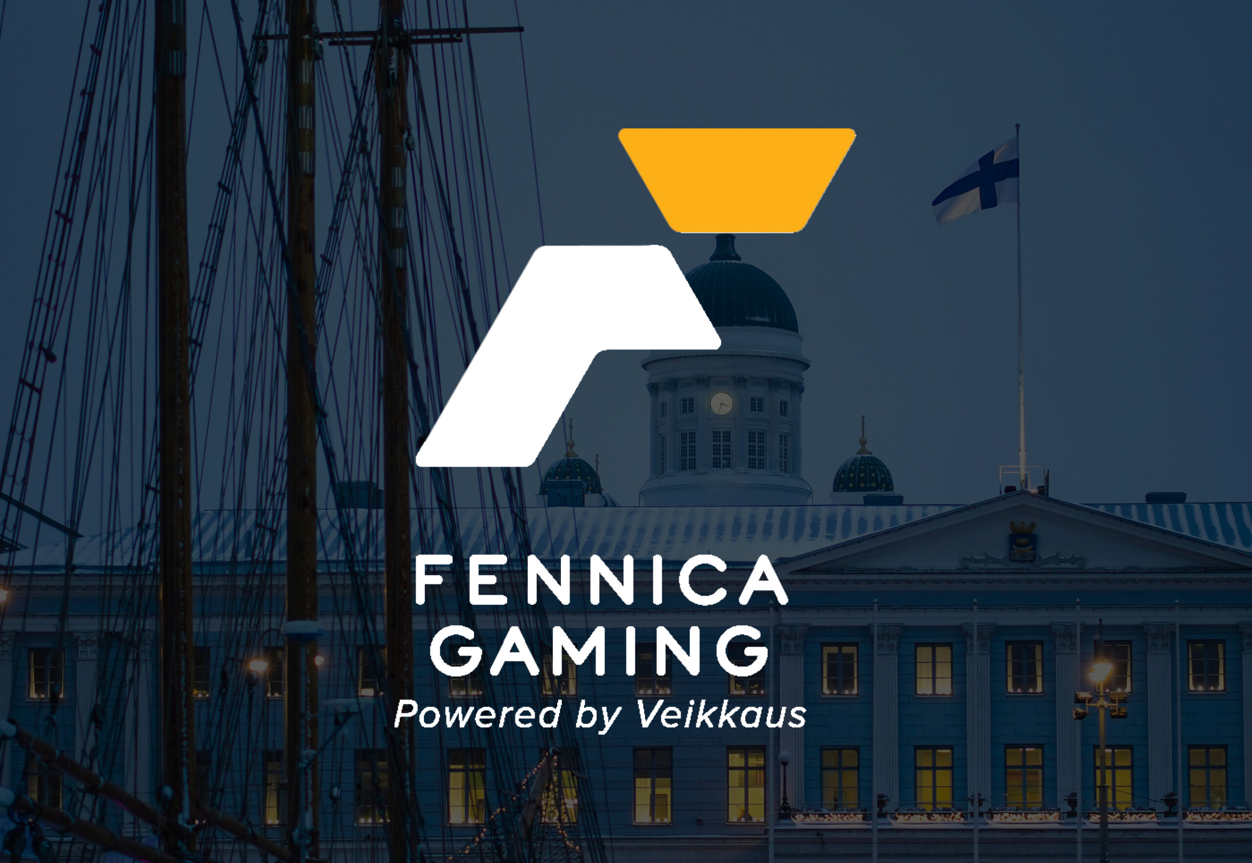 Fennica Gaming ja Veikkaus logo muokattuna Helsingin edustalle. Taustalla Suomen lippu.