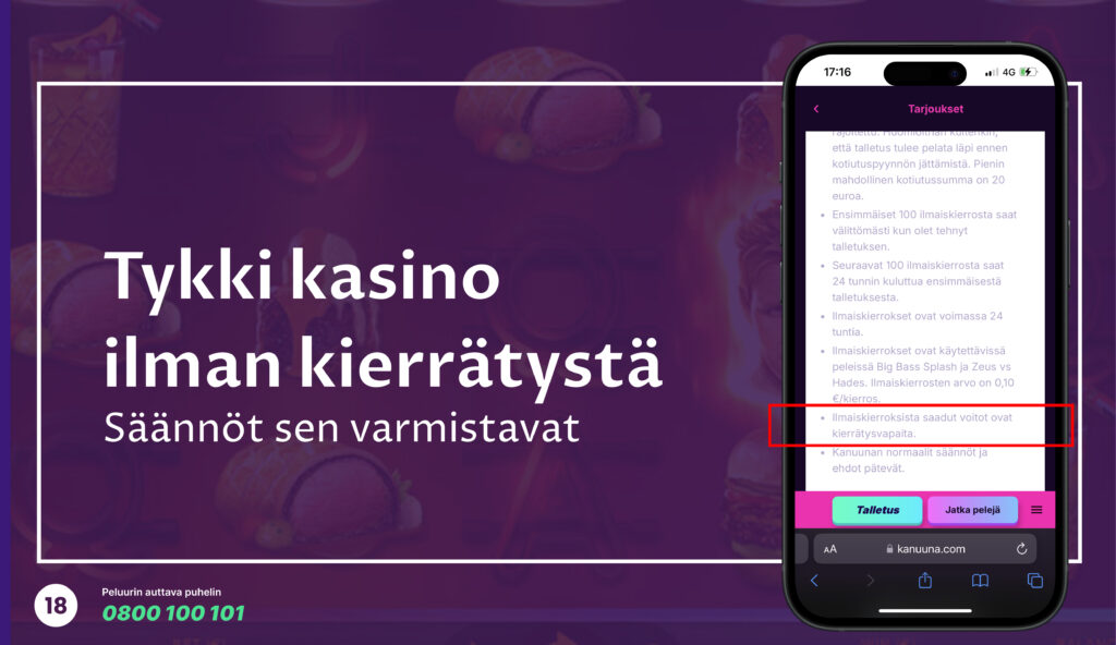 Kuva jossa lukee "Tykki kasino ilman kierrätystä – Säännöt sen varmistavat". Oikealla näkyy puhelimen näyttö, jossa on Kanuuna Casinon tarjousehdot. Teksti korostaa, että ilmaiskierroksista saadut voitot ovat kierrätysvapaita. Taustalla hämärtyviä kasinoteemaisia kuvia.