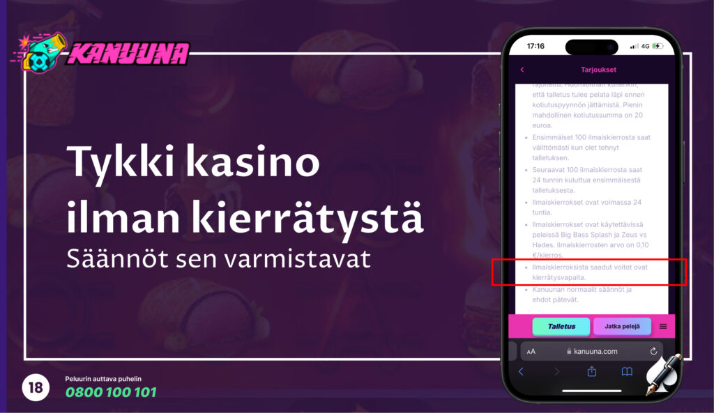 Kuvassa näkyy Kanuunan säännöt ja ehdot, mistä selviää että kasinon tarjoukset ovat ilman kierrätystä.