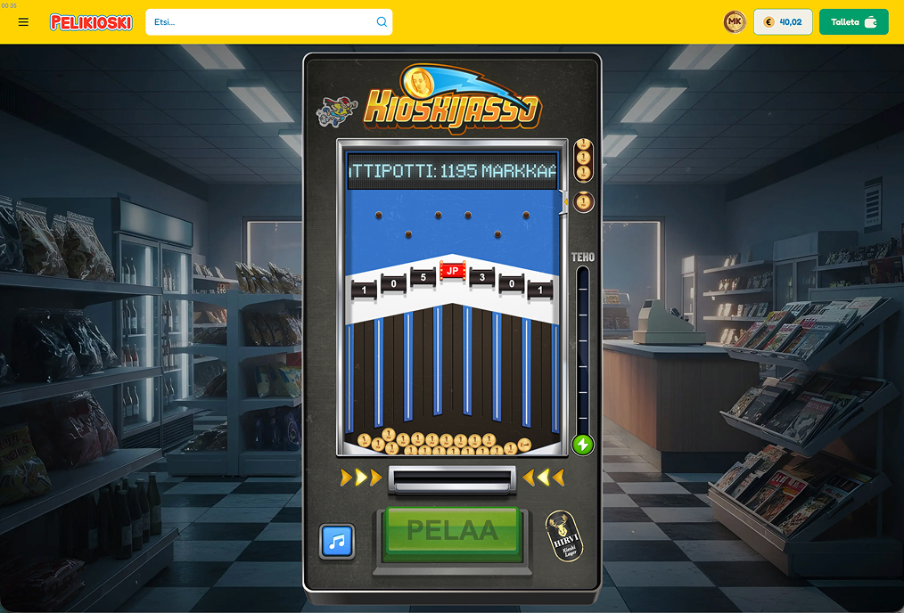 Pelikioski kasinolla auki Kioskijasso. Kioskijasso näyttää samantyyppiseltä kuin suomalainen Pajatso-peli, vaikka eroja on paljon. Pelissä on seitsemän voittolokeroa mihin kolikko voi mennä. Voittolokeroiden arvot ovat seuraavat: 0 (kaksi lokeroa), 1 (kaksi lokeroa), 3, 5, ja jättipotti (arvo kuvan ottohetkellä 1195 markkaa). Rahapelisanomien testaajan saldo 40,02 €.