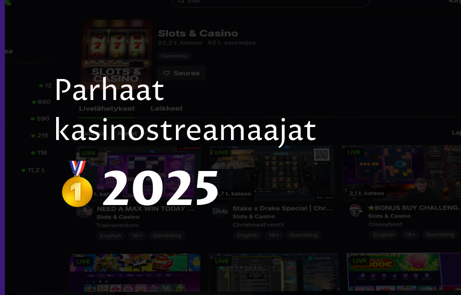 Kuvassa "Parhaat kasinostreamaajat 2025 teksti" sekä ? emoji. Taustalla tummalla kasinostreamaussivusto.