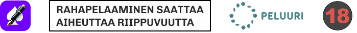 Kuvassa Rahapelisanomien logo, "RAHAPELAAMINEN SAATTAA AIHEUTTAA RIIPPUVUUTTA" varoitusteksti, Peluuri-logo, ja 18-ikäraja.
