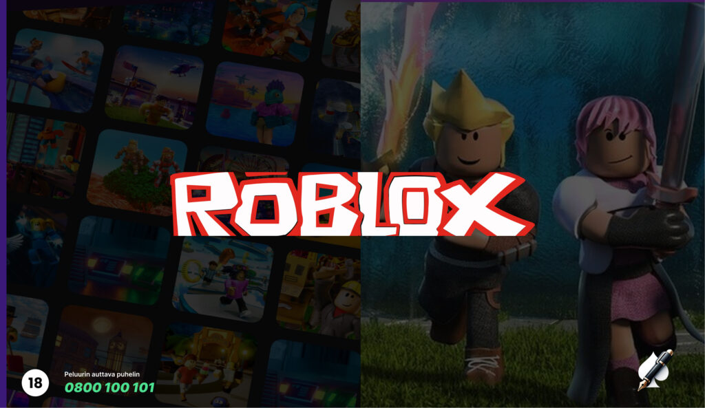 Kuvassa Roblox logo, taustalla pelin minipelejä, missä on myös näkynyt kasinomaisia elementtejä. 