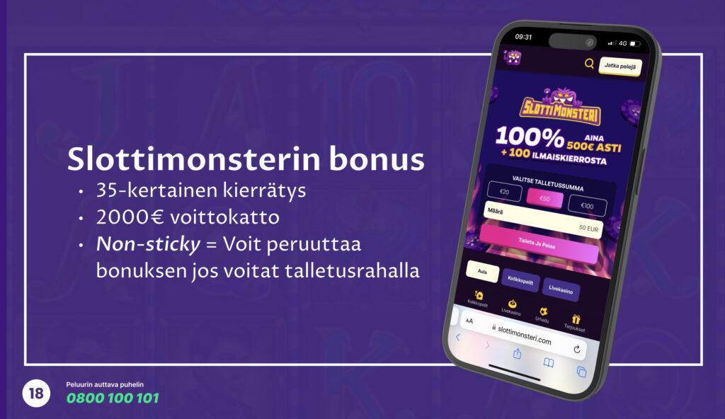 Slottimonsterin bonuksen ehdot esiteltynä. Kuvassa mainitaan 35-kertainen kierrätysvaatimus, 2000 € voittokatto ja non-sticky bonuksen joustavuus. Taustalla näkyy Slottimonsterin verkkosivun käyttöliittymä, ja alareunassa Peluurin yhteystiedot vastuullisen pelaamisen tueksi.