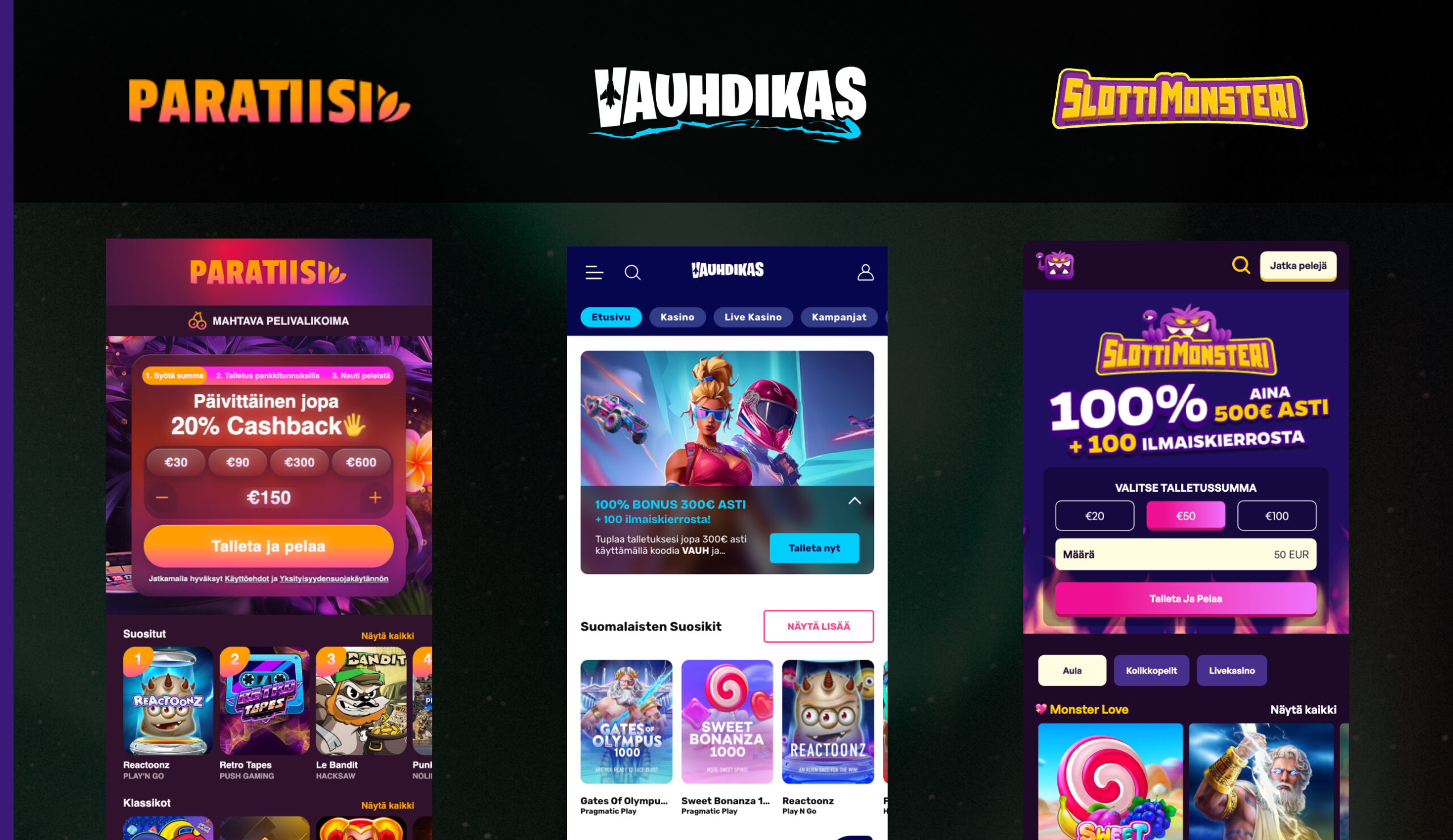 Kolme uutta nettikasinoa: Paratiisi, Vauhdikas ja Slottimonsteri. Kuvassa näkyvät kunkin kasinon brändilogot ja pääasialliset tarjoussivut. Paratiisi korostaa päivittäistä cashback-tarjoustaan, Vauhdikas mainostaa 300 € bonuspakettiaan, ja Slottimonsteri tarjoaa 100 % bonuksen 500 € asti sekä 100 ilmaiskierrosta.