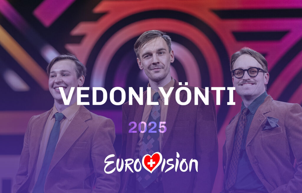 Kuvassa teksti "Vedonlyönti 2025" ja Euroviisut-logo. Taustalla Kaj ja Rahapelisanomien väritystä.