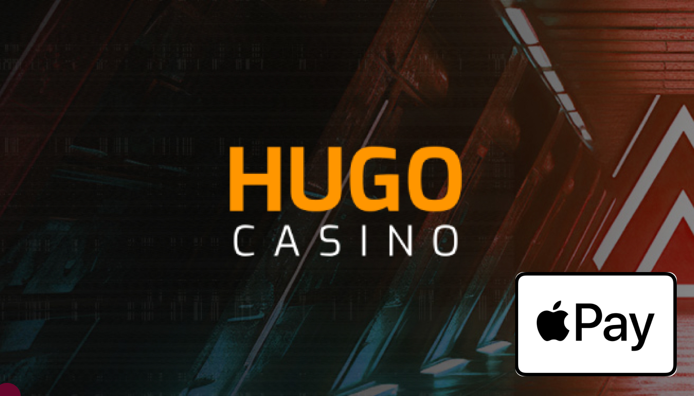 Hugo Casinon kuvassa Hugo-hahmo. Taustalla näkyy kasinon teemaa ja kulmassa Apple Pay -logo.