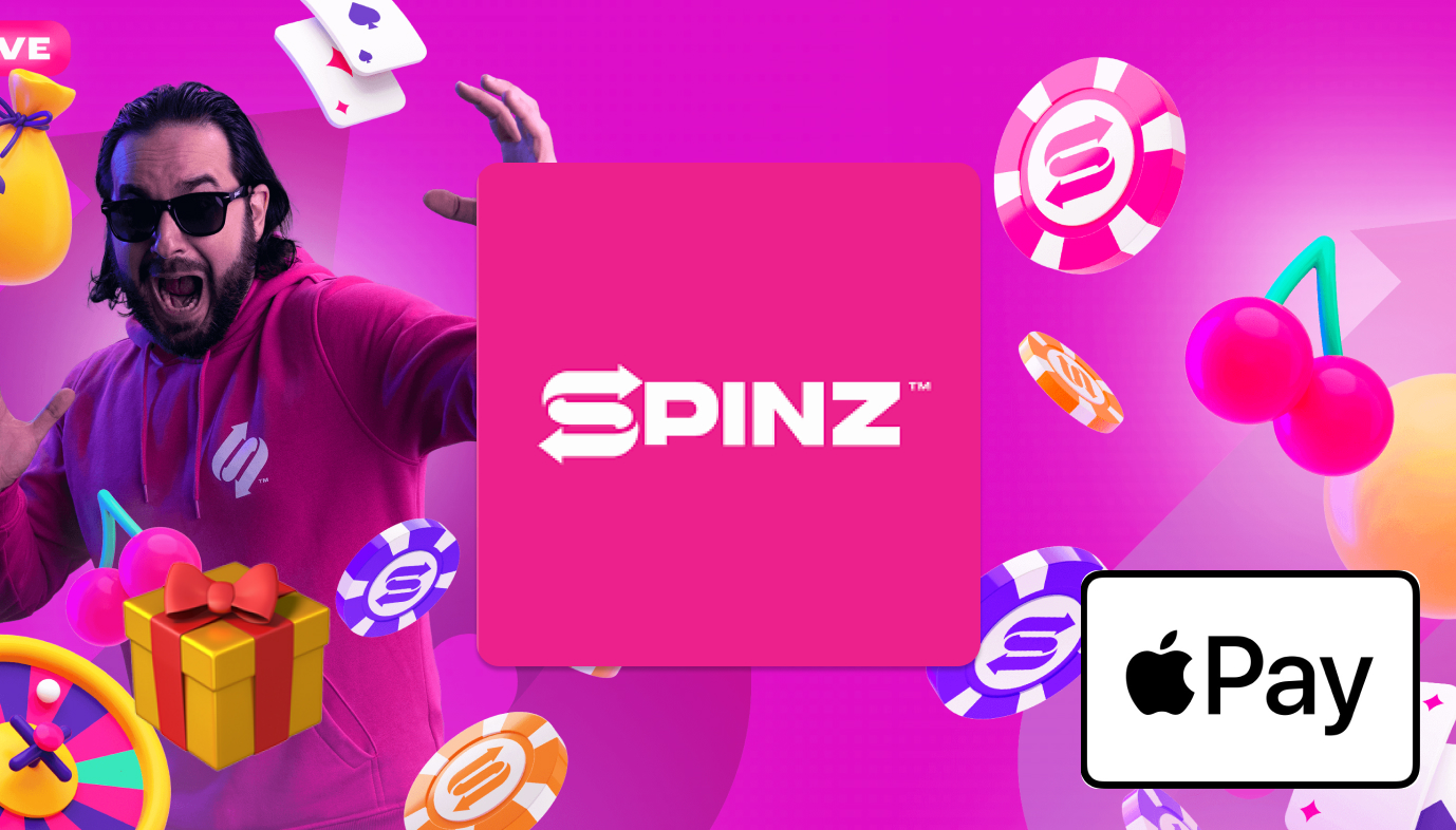 Spinz - kampanjamainos, jossa moderni ja energinen ilme. Taustalla dynaamisia kasinokuvia ja näkyvästi Apple Pay logo.