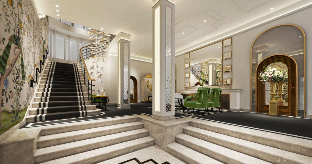 Kuvaa The Burman hotellin luksusta huokuvista sisätiloista.