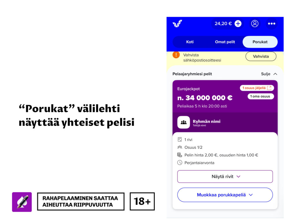 Kuvassa Veikkauksen porukkalotto osio nettisivulla. Teksti toteaa porukat välilehden näyttävän pelaajan yhteiset kimppapelit.