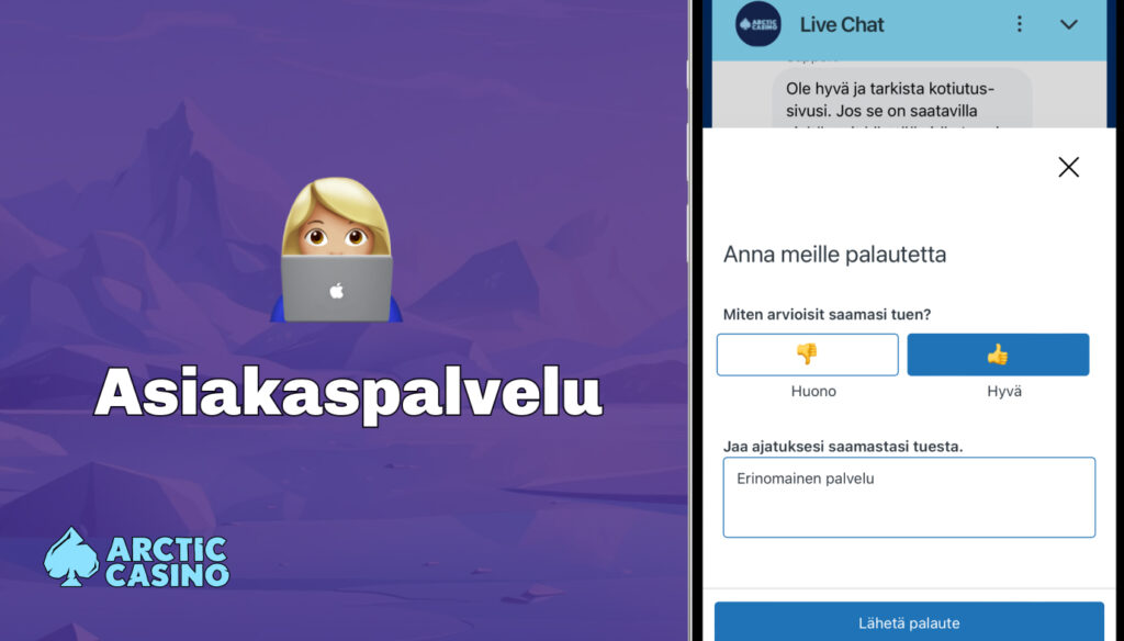 Violetti taustakuva, jossa naisemoji kannettavan tietokoneen takana. Oikealla näkyy Arctic Casinon live chat -ikkuna, jossa pelaaja voi arvioida saamansa tuen peukulla ylös tai alas.