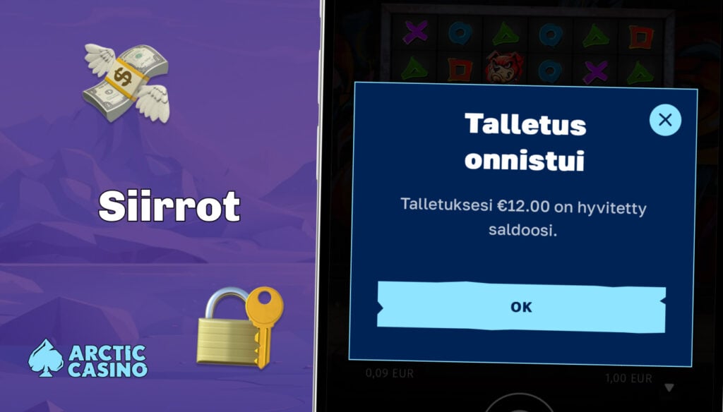 Näyttöön on ilmestynyt vahvistusviesti onnistuneesta 12 euron talletuksesta Arctic Casinolla. Violetti tausta, lentävä setelinippu ja lukon ikoni korostavat rahansiirtojen turvallisuutta.