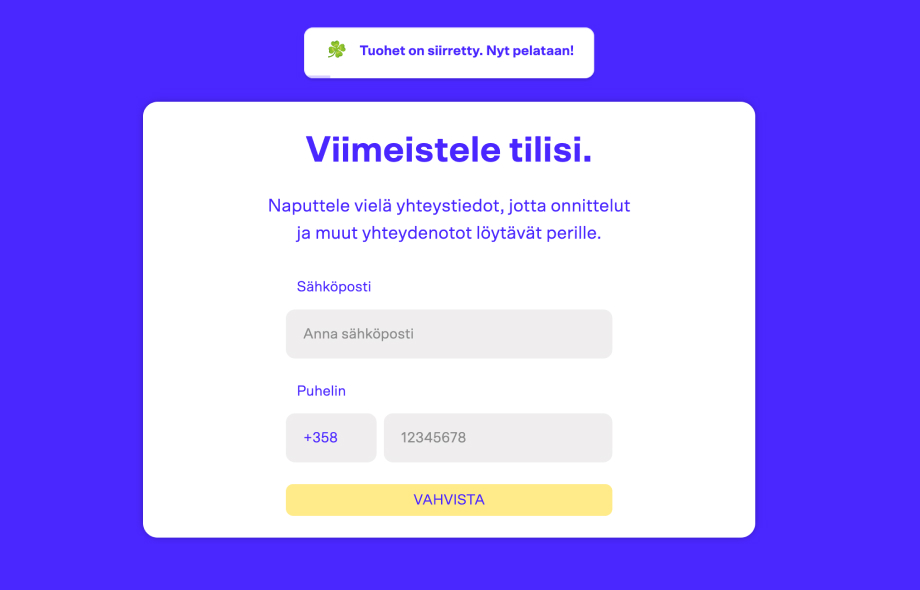 Kuvassa talletus on tehty, ja Tuohi Casino pyytää viimeistelemään tilinsä.