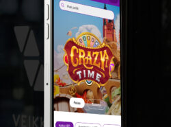 Kuvassa näkyy Crazy Time peli Veikkauksen nettikasinolla iPhone puhelimen ruudulla.