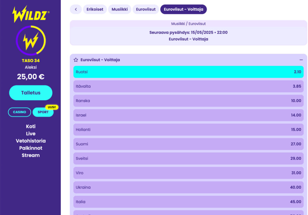 Kuvankaappaus Wildzin Euroviisu-vedonlyönnistä, missä auki voittajakertoimet. Ruotsi (KAJ) korostettuna 2,1 kertoimella.