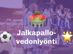 Kuvassa on jalkapallovedonlyöntiin liittyvä graafinen suunnittelu. Taustalla on hämärästi valaistu stadion ja kaksi jalkapallojoukkuetta juhlimassa. Kuvan päällä on suurikokoinen teksti "Jalkapallovedonlyönti" sekä emoji-ikonit, kuten jalkapallo, stadion ja tähti.
