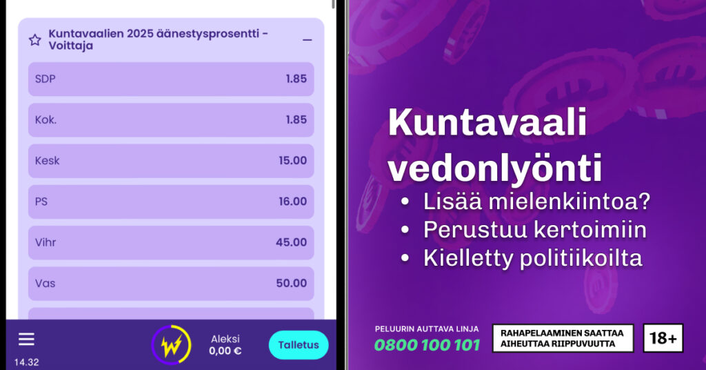 Kuvassa kuntavaali vedonlyönti auki puhelimella Wildz Vedonlyönnissä. Kuvan tekstinä "Kuntavaali vedonlyönti" ja siinä listattuna pointit:
- Lisää mielenkiintoa?
- Perustuu kertoimiin
- Kielletty politiikoilta