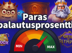 "Kuvassa teksti 'Paras palautusprosentti' suurilla kirjaimilla. Taustalla näkyy useita suosittuja kolikkopelihahmoja, kuten Gates of Olympus -pelin Zeus, Reactoonzin olento ja makeisteemainen bonus. Alareunassa mittari, jonka osoitin on lähellä maksimia, symboloiden korkeaa palautusprosenttia.
