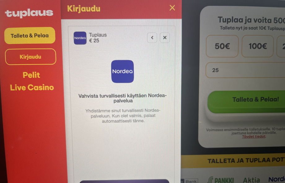 Kuvassa pelaaja on tekemässä 25 € talletusta Tuplaus-kasinolle Nordea pankilla.