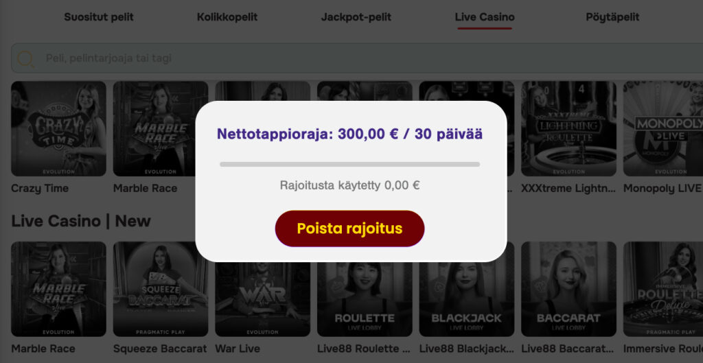 Kuvassa näkyy Tuplaus-kasinon tarjoama nettotappiorajan asetus.