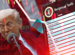 Kuvituksessa Trump tullitauluineen, ja pörssikurssia kuvaava graafi. Lisäksi rahapelisymboleita korttipakasta.