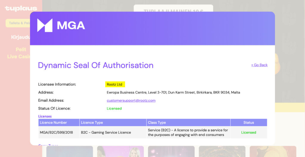 Kuvankaappaus Tuplaus kasinon emoyhtiön Rootzin pelilisenssistä Maltalaisen viranomaisen sivulta.