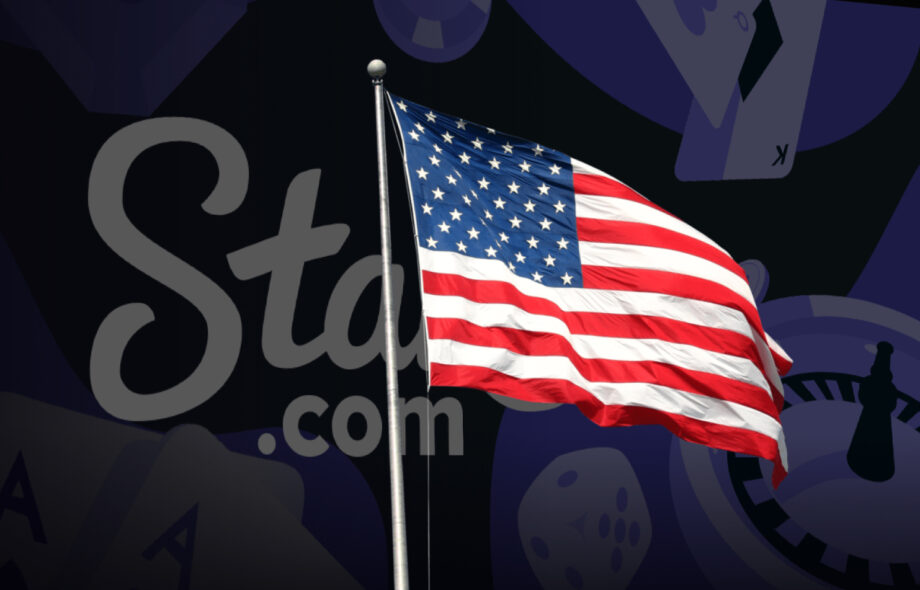 Etualalla Yhdysvaltojen lippu. Taustalla Stake.com logo.