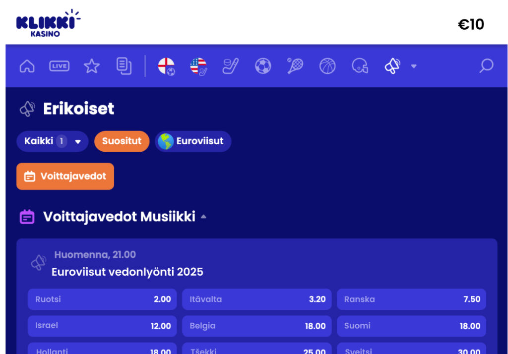 Näyttökuva Klikki Kasino -sivuston Euroviisut 2025 vedonlyöntisivusta, jossa näkyy "Voittajavedot Musiikki" -osio ja kertoimet eri maille; Ruotsi on suurin ennakkosuosikki kertoimella 2.00, Itävalta toisena ennakkosuosikkina kertoimella 3.20, ja Suomi sekä Belgia kertoimella 18.00.








