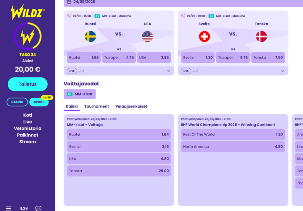 Kuvassa Wildz Casino jääkiekkon MM-kisat 2025 vedonlyönti