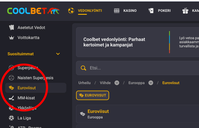 Coolbetin vedonlyöntivalikossa Euroviisut on suosituimpien vetokohteiden joukossa vasemmassa sivupalkissa