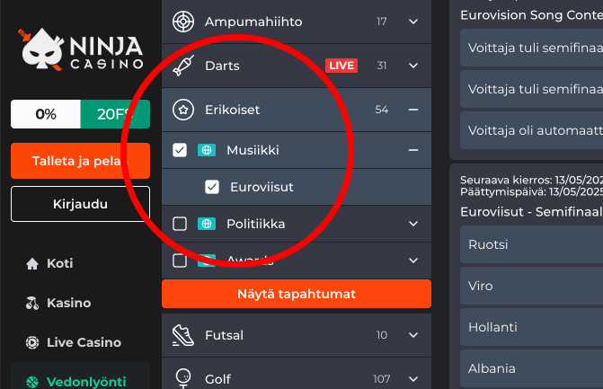 Ninja Casinon vedonlyöntivalikossa Euroviisut on korostettuna Erikoiset ja Musiikki-kategorioissa