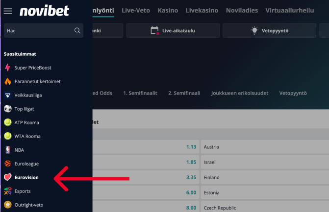 Coolbetin vedonlyöntivalikossa Euroviisut on suosituimpien vetokohteiden joukossa vasemmassa sivupalkissa