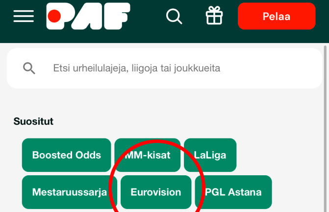 Pafin vedonlyöntisivulla Eurovision-veto näkyy suositelluissa viihdekohteissa