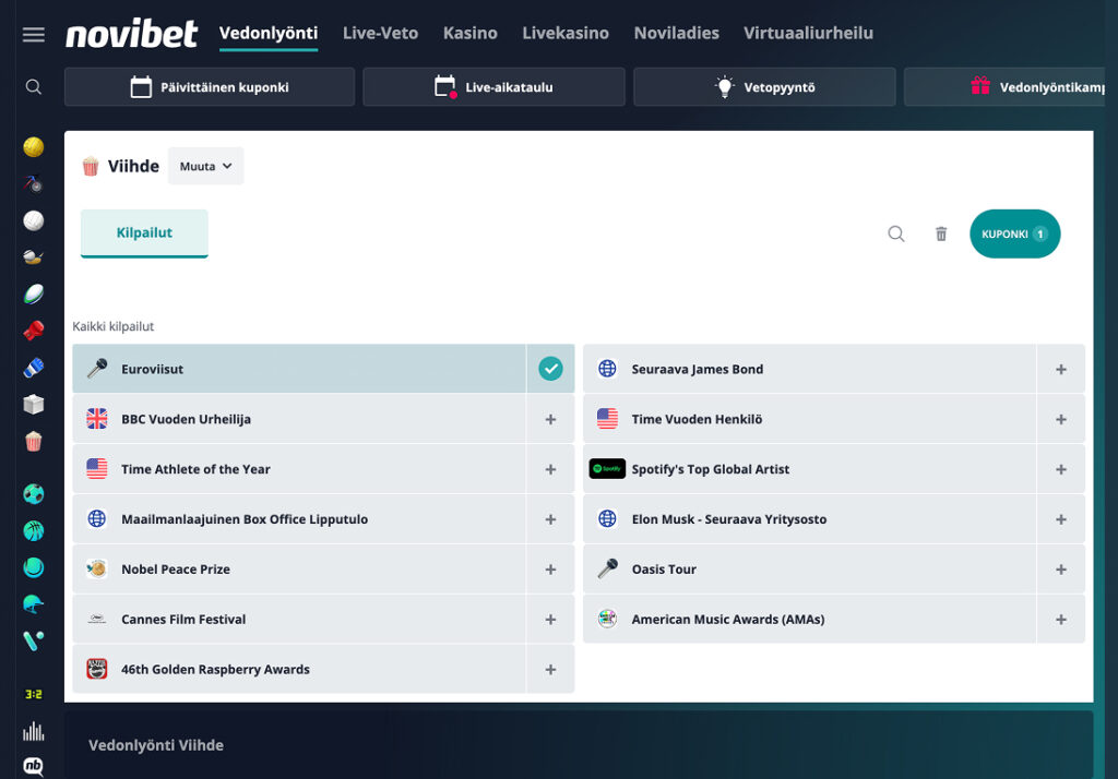 Novibet-vedonlyöntisivuston "Viihde" -osio, jossa näkyvät vedonlyöntikohteet kuten Euroviisut, BBC Vuoden Urheilija, Time Vuoden Henkilö ja Seuraava James Bond. Euroviisut on valittuna aktiiviseksi kohteeksi.

