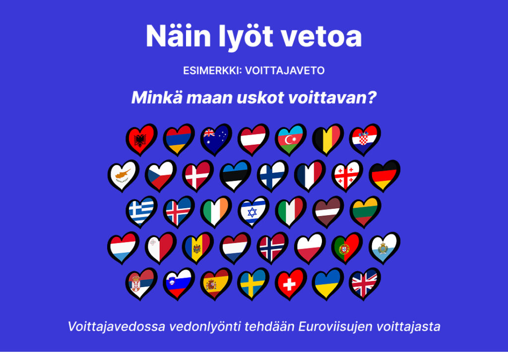 Näin lyöt vetoa Euroviisuista -kuvitus, jossa kysytään "Minkä maan uskot voittavan?" ja näytetään sydämen muotoisia Euroopan maiden lippuja. Kuvan alalaidassa lukee: "Voittajavedossa vedonlyönti tehdään Euroviisujen voittajasta".
