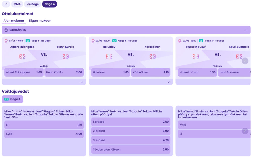 Sivun kuvakaappaus Wildz Sportsin Ice Cage 4 -vedonlyönnistä, jossa näkyy kolme ottelukorttia: Albert Thiangdee vs Henri Kurtila (kertoimet 1,65 / 2,00), Holubiev vs Kärkkäinen (1,60 / 2,10) ja Hussein Yusuf vs Lauri Suomela (1,35 / 2,75). Alhaalla on kolme erikoisvedonlyöntiboxia Mika “Immu” Ilmén vs Joni “Stagala” Takala -ottelulle: alle 1 min 30 s (Ei 1,15 / Kyllä 4,00), voittajaerä (1., 2., 3. erä tai täysi aika) sekä tyrmäys/luovutus (Kyllä / Ei).