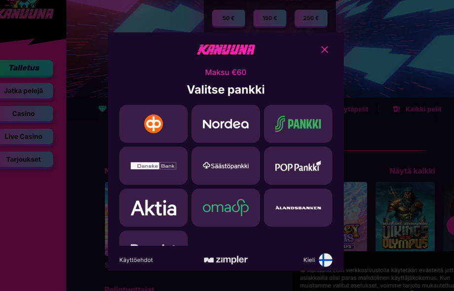 Kanuuna kasino pikatalletus, ruudulla näkyy suomalaisten pankkien logoja kuten OP ja Nordea.