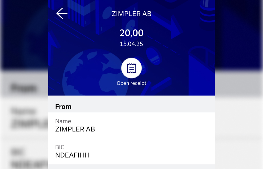Nordean verkkopankissa Zimpler-sovelluksen veloittama 20 € talletus Kanuuna Casinolle, näkyvissä BIC-koodi ja saapumispäivä