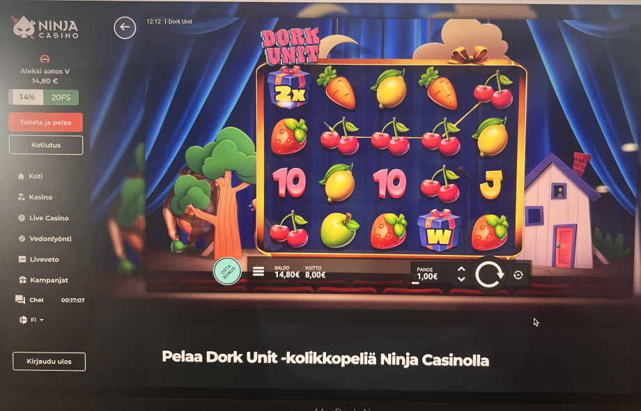 Kuvassa Ninja Casinon Dork Unit -hedelmäpeli on palauttanut 8 € voiton.